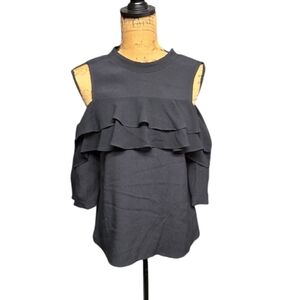 Avec Les Filles Black Ruffled Cold Shoulder Blouse Sz Small Black NEW